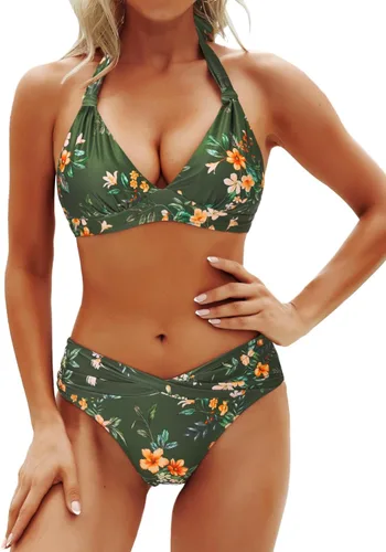Vista 25 de Yonique Traje de baño de dos piezas para mujer, conjunto de bikini push up, traje de baño halter, traje de baño vintage Verde Aqua