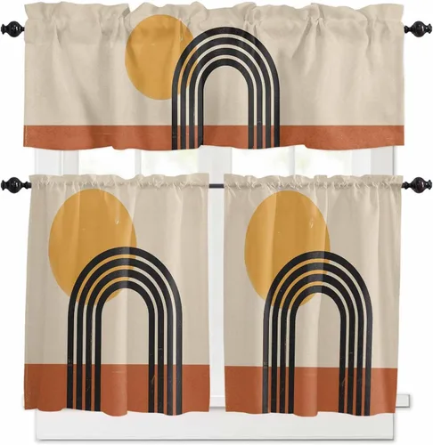 Vista 93 de Cortina de ventana ajustable con lazos para ventana, cenefa de cocina para sala de estar, arte abstracto, sol y arco iris, bolsillo para barra