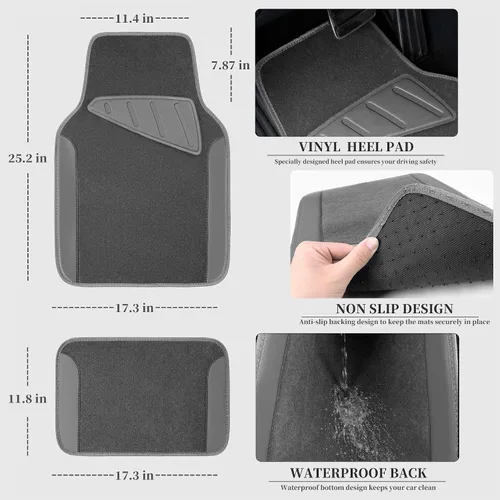 Vista 5 de CAR PASS Juego completo de fundas de asiento de automóvil de malla de aire 3D y 4 alfombrillas impermeables para piso de automóvil con esponja Gris