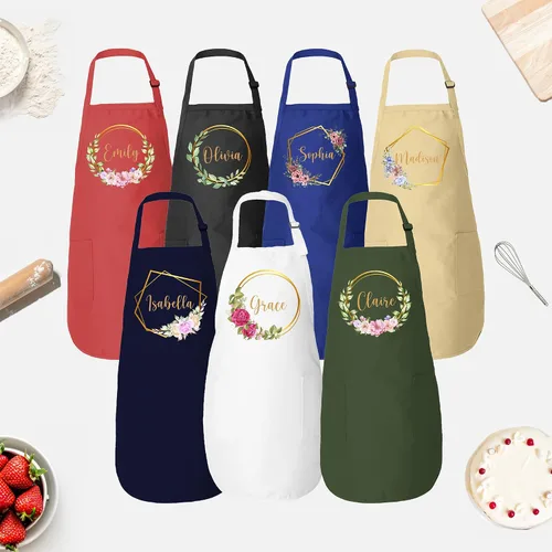 Vista 3 de ROKO CLOTHING Personalized Apron Floral Initials Design Name Text with Pockets - Custom Name Kitchen Aprons Women, Gift for Baking, Cooking