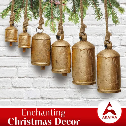 Vista 5 de AKATVA Campanas de Navidad grandes para decoración – Campanas de vaca para decoración navideña rústica – Campanas doradas para decoraciones