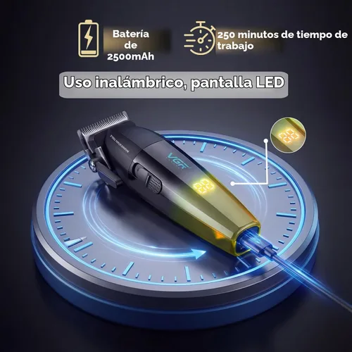 Vista 3 de VGR 003 - Cortapelos profesionales para hombre con juego de recortadora de podadora, color dorado 9000 RPM; 250min runtime; LED display; 6 comb