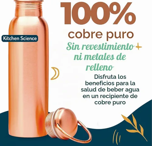 Vista 2 de Kitchen Science - Botella de agua auténtica de cobre con acabado mate, 34 onzas, bolsa de transporte y funda, a prueba de fugas, botella