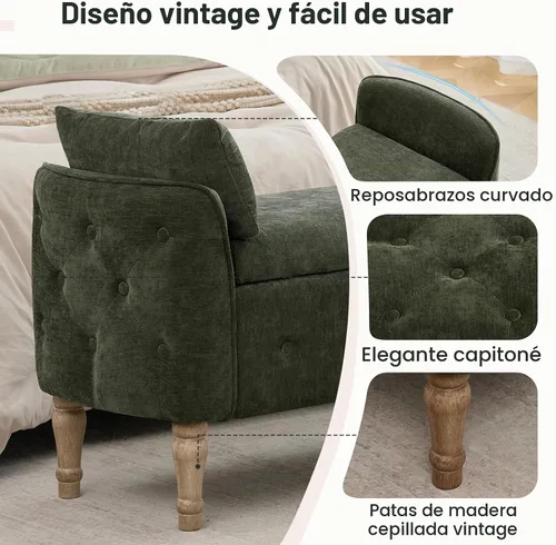 Vista 5 de Banco de almacenamiento tapizado de 67 pulgadas, tamaño King, color verde