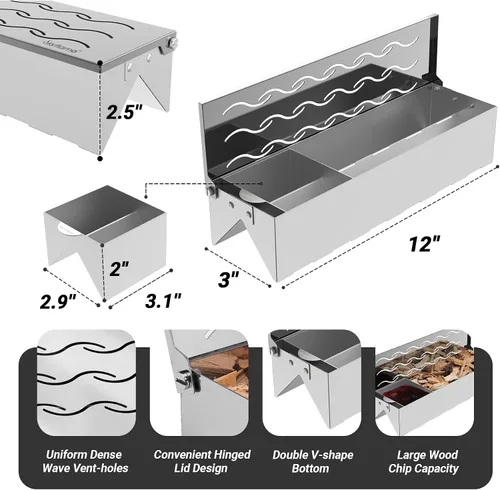 Vista 2 de Skyflame Caja de ahumador de acero inoxidable con lata, doble forma de V, astillas de madera para barbacoa, caja ahumada diseñada con ventilación