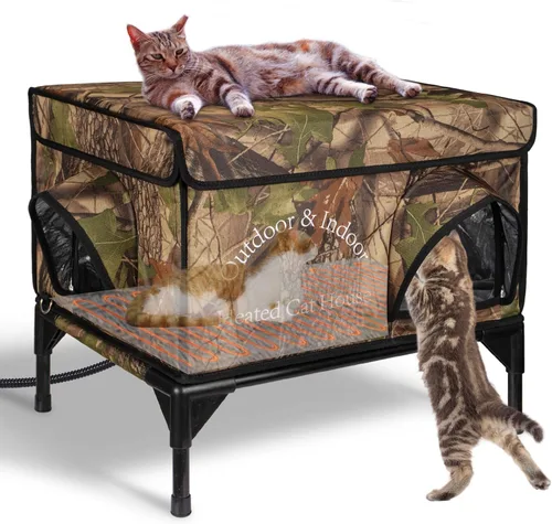 Vista 9 de Casa climatizada para gatos exteriores en invierno, refugio aislado para gatos con almohadilla térmica para gatos, 2 puertas, casa elevada