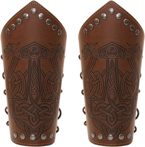 Vista 19 de Medieval Leather Bracers Embossed Viking Knight Cosplay Arm Guard Jormungandr Brazo de cuero Armadura-marrón (2pcs)
