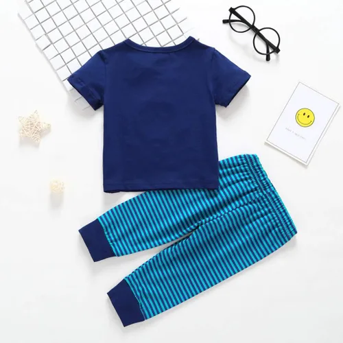 Vista 7 de Conjunto de ropa de bebé para niños, 2 piezas, para niños recién nacidos, dibujos animados, perro de manga corta, camiseta Tops+pantalones a rayas