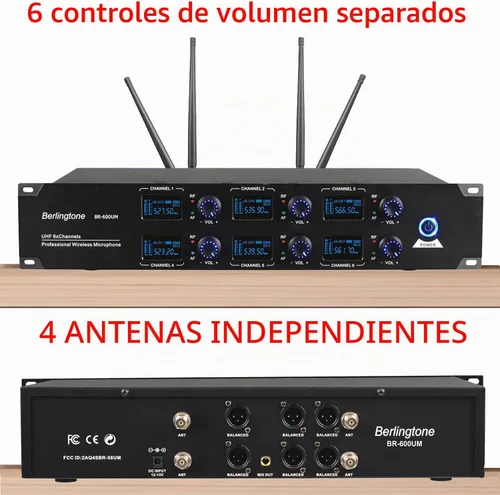 Vista 2 de ) Sistema de micrófono inalámbrico UHF de 6 canales Micrófono inalámbrico con metal de mano, canal de frecuencia fija, micrófono dinámico