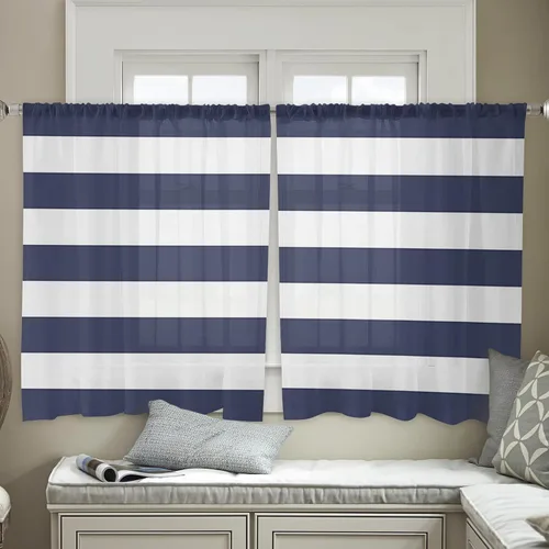 Vista 4 de Cortinas transparentes de rayas azules y blancas de 45 pulgadas de largo, juego de 2 paneles de cortinas semitransparentes con bolsillo para barra