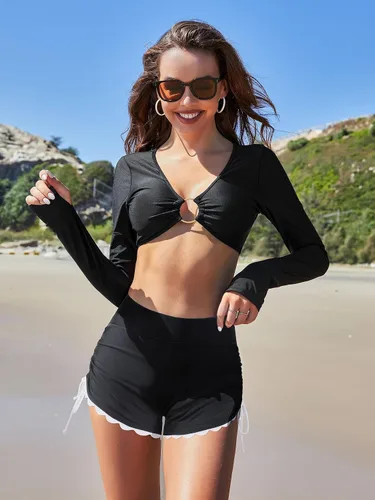 Vista 3 de ATTRACO - Pantalones cortos de natación para mujer, de cintura alta, traje de baño, pantalones cortos de baño, pantalones cortos de tabla de surf