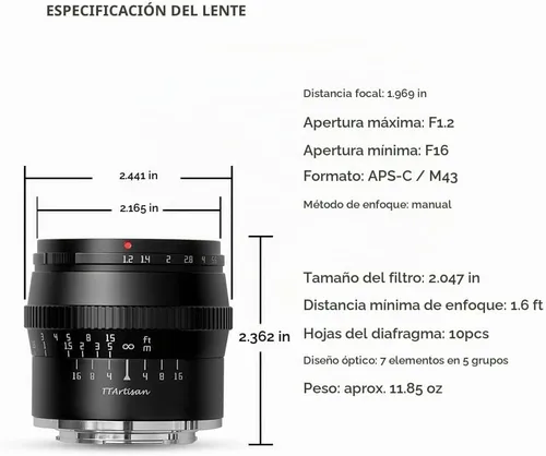 Vista 6 de TTARTISAN 1.969 in F1.2 APS-C Lente de enfoque manual para cámaras de montaje MFT M4/3 como EPM1 EPM2 EPL1 EPL1 EPL2 EPL3 EPL5 EPL6 EPL7 EPL8 EPL9