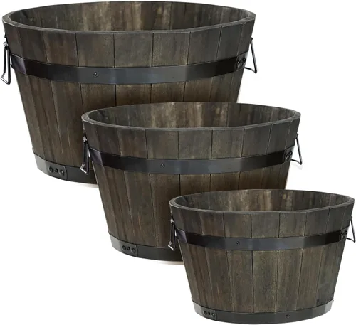 Vista 15 de Juego de 3 cajas de flores de madera para exteriores, macetas de barril de madera de acacia duraderas para plantas al aire libre con asas