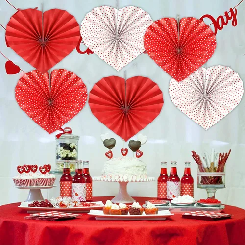 Vista 5 de Reofrey 6 piezas de decoración de corazón de abanico de papel, diseño de corazón rojo, decoración del día de San Valentín, para San Valentín