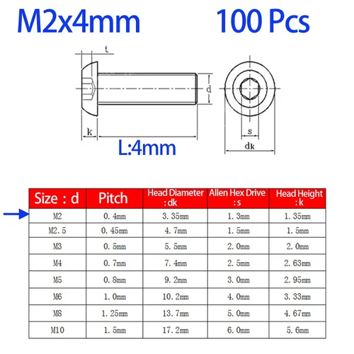 Vista 2 de Tornillos de cabeza de botón M2-0.016 x 0.157 in, acero inoxidable 304, rosca completa, accionamiento de enchufe Allen, máquina de alta resistencia