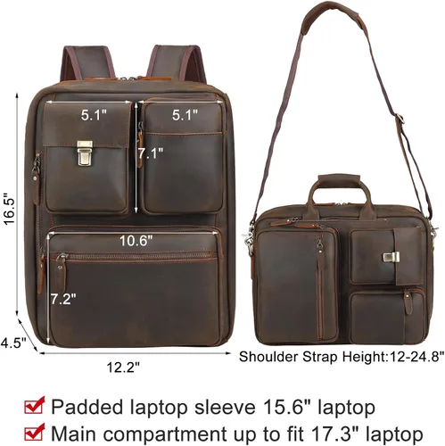 Vista 5 de TIDING Mochila convertible de cuero para hombre de 15.6 pulgadas, maletín para portátil, bolsa de mensajero, mochila de viaje de negocios