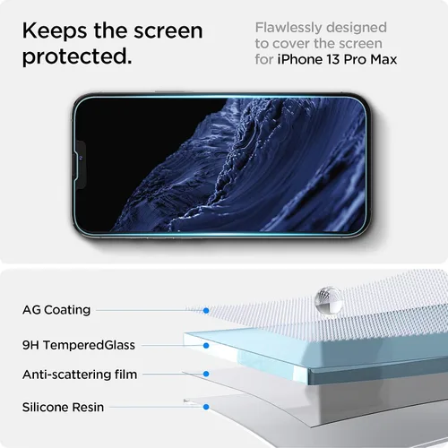 Vista 4 de Spigen Protector de pantalla de vidrio templado compatible con iPhone 14 Plus/iPhone 13 Pro Max, protección de sensor 9H+ tempered glass, Scratch