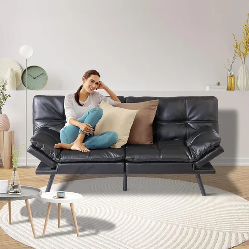 Vista 5 de Futón convertible de piel sintética negra, sofá cama plegable de espuma viscoelástica, sofá biplaza ajustable, futón para sala de estar