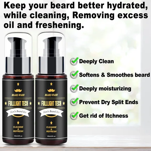 Vista 4 de FULLLIGHT TECH Kit de cuidado de barba para hombre, 2 unidades, champú de aceite de argán y aceites de jojoba, extracto de romero para un