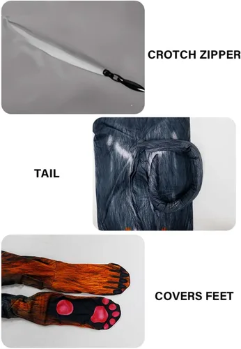 Vista 45 de Disfraz de animal para hombre con estampado de cola grande, overol peludo de elastano para cosplay, fiesta de Halloween