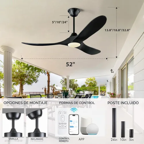 Vista 6 de Ventilador de techo inteligente negro de 52 pulgadas con luces, ventilador de techo para exteriores para patio, ventilador de techo de 3 aspas