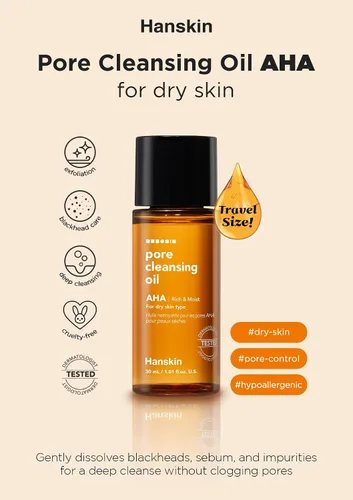 Vista 2 de Hanskin Aceite limpiador de poros con ácido hidroxi alfa, muestra de tamaño pequeño, removedor de maquillaje exfoliante, juego de limpiador facial