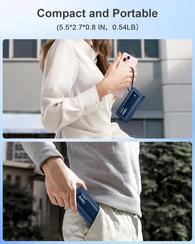 Vista 8 de Cargador portátil con cables incorporados, delgado 10000mAh carga rápida 22.5W banco de energía USB C pantalla LED paquete de batería 6 salidas y 2