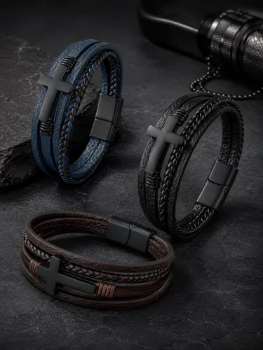 Vista 3 de Pulsera cruzada de cuero Mrcaois para hombre, trenzada de múltiples capas con cierre de acero inoxidable - Regalos cristianos religiosos para él
