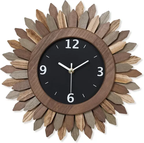 Vista 13 de Honiway Reloj de Pared a Batería de 12 Pulgadas de Madera Rústica Bohemio Sunburst Decorativo Reloj de Pared Silencioso Sin Tictac Negro Relojes