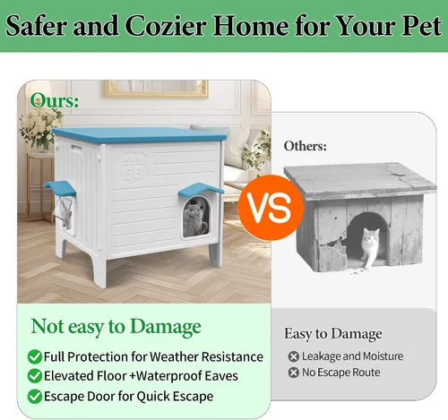 Vista 2 de Deblue Casa de Gatos al Aire Libre Resistente a la Intemperie Grande de Plástico con Puerta de Escape para Gatos Interiores Impermeable Refugio