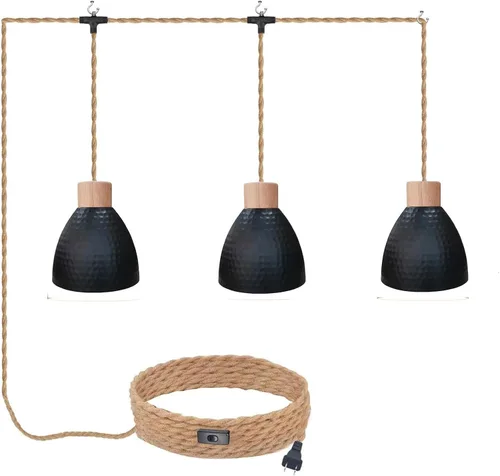 Vista 11 de Luces Colgantes Enchufables Lámpara Colgante de Cúpula Martillada con Interruptor Regulable Cuerda de Cáñamo de 15 Pies de Largo Luz Colgante