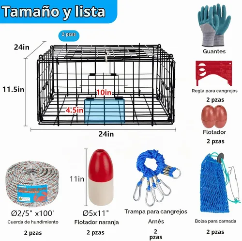 Vista 5 de QualyQualy 2 Packs Foldable Crab Trap 24", Crab Bait Bag，Pacific Heavy Duty Steel Crap Cage Kit with Harness, 100’ Sinking Line, Easy Store & Carry