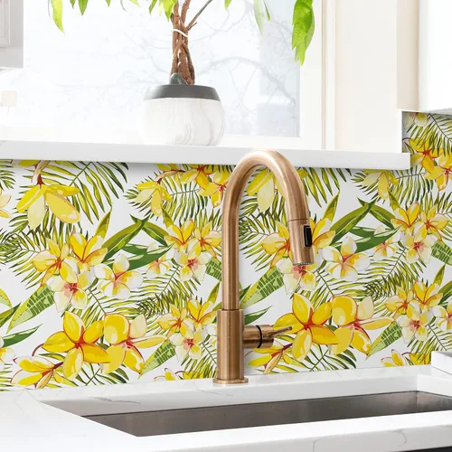 Vista 6 de CRE8TIVE Papel tapiz floral amarillo de tamaño grande de 24 x 354 pulgadas, papel tapiz de hojas florales para despegar y pegar, papel de contacto