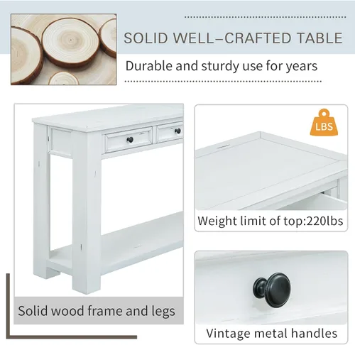 Vista 5 de JIVOIT Mesa consola rústica y elegante, mesa de consola rectangular de madera con cajones de almacenamiento y estante inferior para entrada Blanco