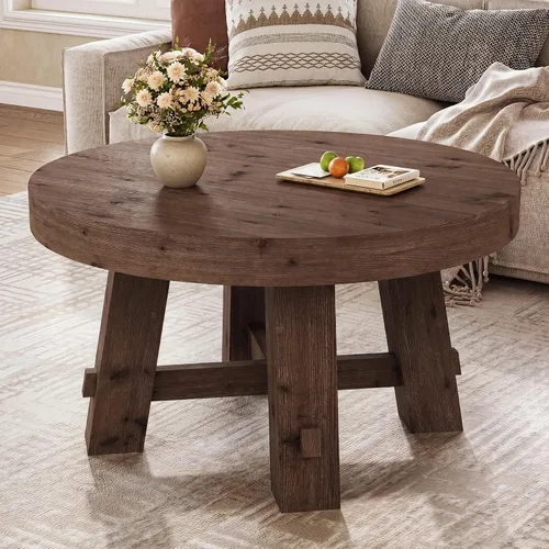 Vista 10 de Mesa auxiliar redonda de 31.5 pulgadas, mesa central de madera maciza con mesa gruesa (marrón claro)