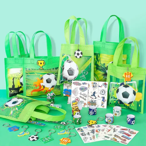 Vista 6 de Winrayk Juego de 12 regalos de fiesta de fútbol para niños, suministros de cumpleaños deportivos, bolsas de regalo no tejidas, pulsera de palmada