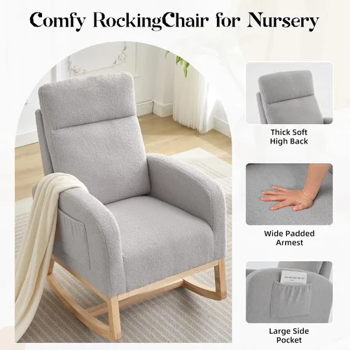 Vista 7 de Takywep Mecedora para guardería con patas de madera maciza, mecedora para guardería con dos bolsillos laterales, sillón mecedor para sala de estar