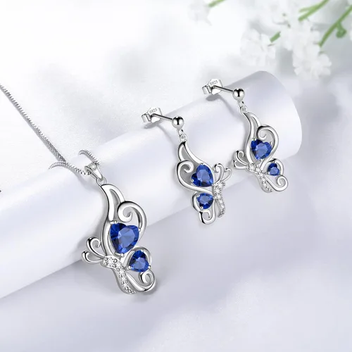 Vista 2 de Butterfly Heart Jewellery Sets - Women 925 Sterling Silver Animal Butterflies Birthstone Necklace Earring Bracelet Set Crystal Wedding Birthday