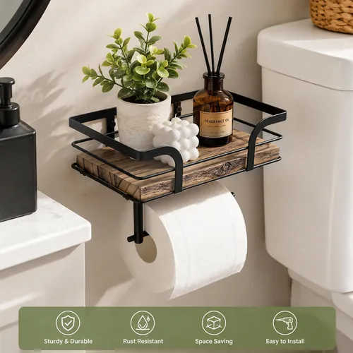 Vista 4 de Soporte de papel higiénico rústico de granja con estante – Decoración rústica de baño de granja – Accesorios de baño rústicos con estante de madera