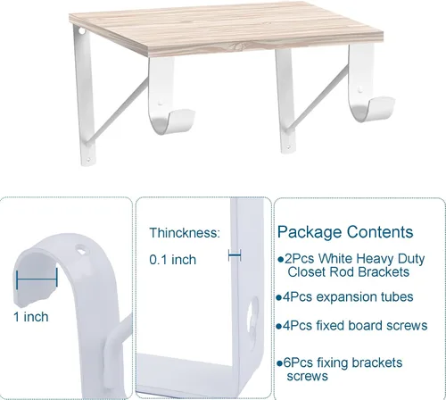 Vista 3 de Paquete de 2 soportes blancos resistentes para barra de armario, soportes de soporte de armario de 10.9 x 12.3 x 1 pulgadas, capacidad