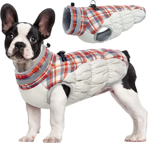 Vista 11 de Abrigo para perro, chaqueta cálida de invierno, acolchada, de vellón, chaleco reflectante con arnés, chaqueta de nieve impermeable con cremallera, a