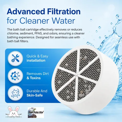 Vista 2 de Cartucho de repuesto para bola de baño Crystal Quest – Elimina el cloro, PFAS y olores – Filtro de agua fácil de instalar – Ecológico, duradero
