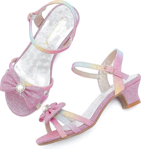 Vista 2 de LAURMOSA Sandalias para niñas, zapatos de vestir para fiesta de boda, puntera abierta, tacones altos con purpurina para niños pequeños y grandes
