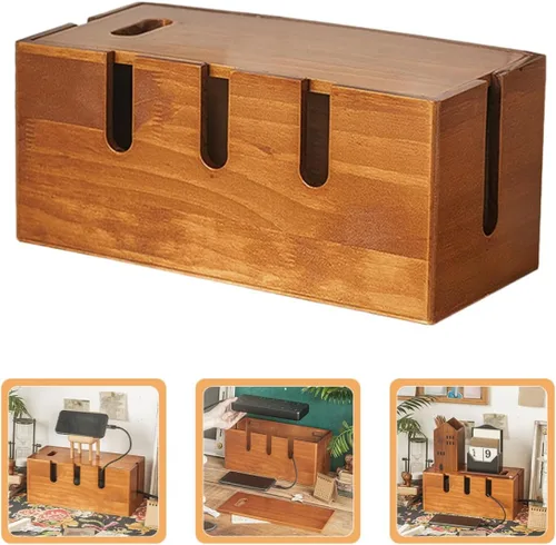Vista 6 de Wooden Cable Organizer Box with Router Cover and Charger Cord Organizer for Desk Power Strip Management, Natural Wood Cord Management for Home