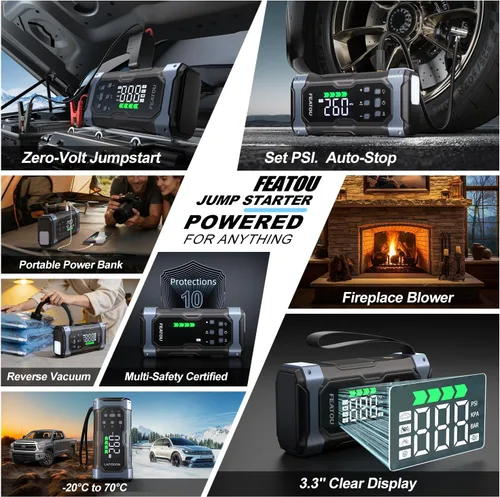Vista 6 de Arrancador de alta potencia de 9000 A con compresor de aire, batería de coche de 12 V, caja de salto portátil para automóvil (todo a gas/14L diesel)
