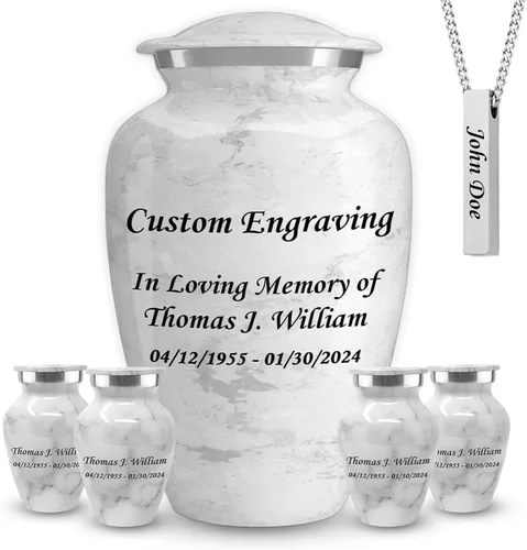 Vista 18 de Set of 6 Cremation Urns for Human Ashes Includes 1 Large Urn with 4 Small Keepsakes & 1 Silver Necklace - Black Marble