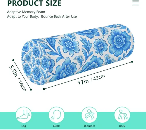 Vista 3 de Blue and White Flower Cervical Roll Pillow, 17" Neck Support Bolster Pillow, Round Pillow for Sleeping Support and Pain Relief, with Removable