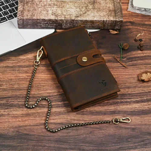Vista 32 de Genuino Caballo Loco Cuero Regalo de Viaje Moneda Bolsillo Tarjetero Organizador Largo Cadena Rfid Cartera Monedero Con Broche Para Hombres Hombres