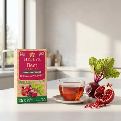 Vista 5 de Hyleys Remolacha y té verde con sabor natural a granada - Té de energía de hierbas - Apoya la concentración - 25 bolsas de té Beet Root & Green
