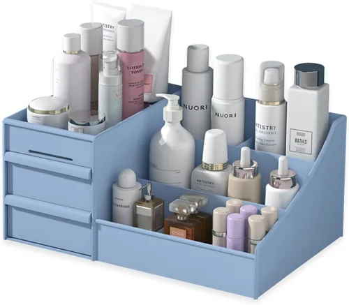 Vista 10 de Organizador de escritorio de maquillaje con cajones, organizador de cuidado de la piel para cosméticos, soporte de tocador para lápiz labial